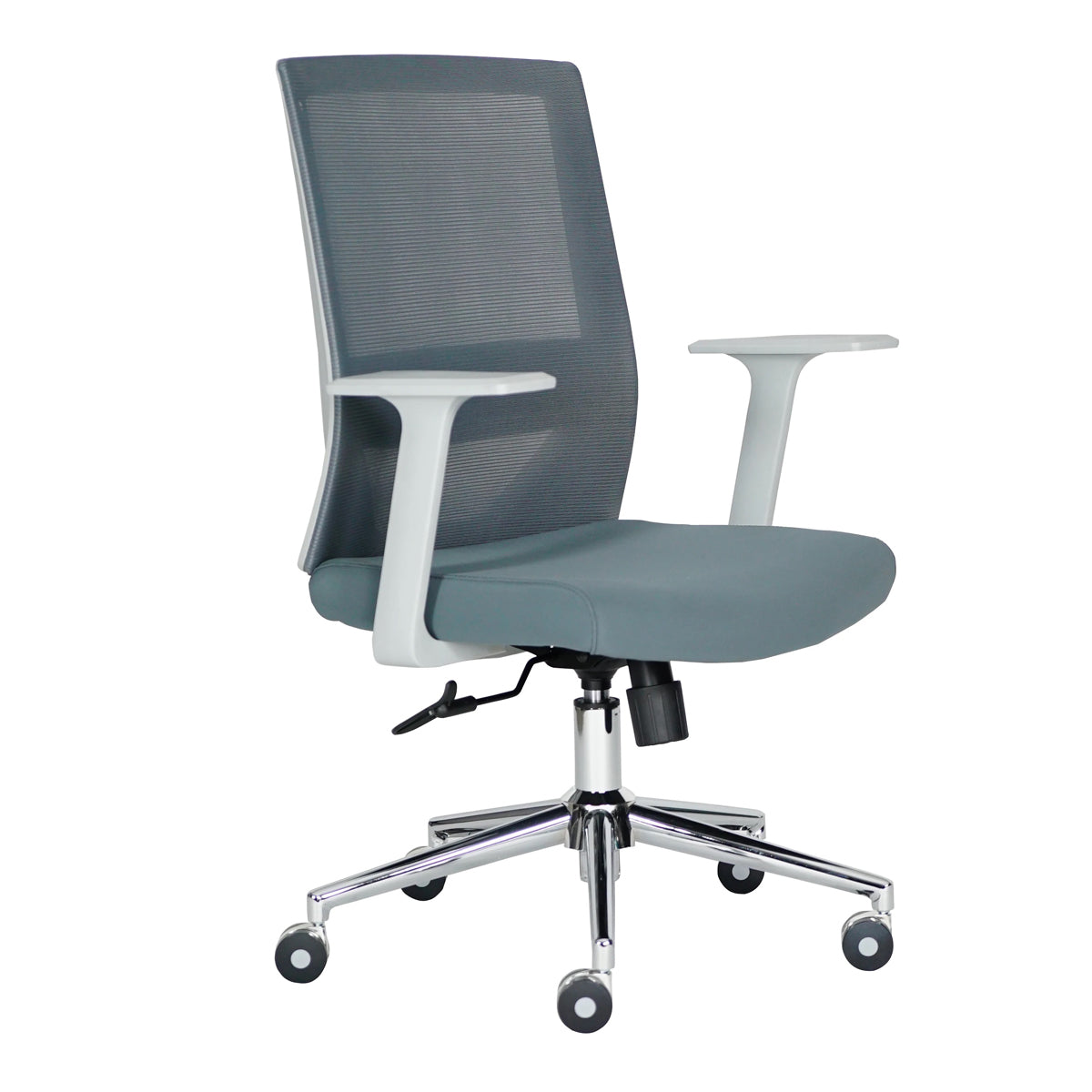 Sillón operativo Vision respaldo bajo tapizado en mesh y asiento en tela gris con base aluminio