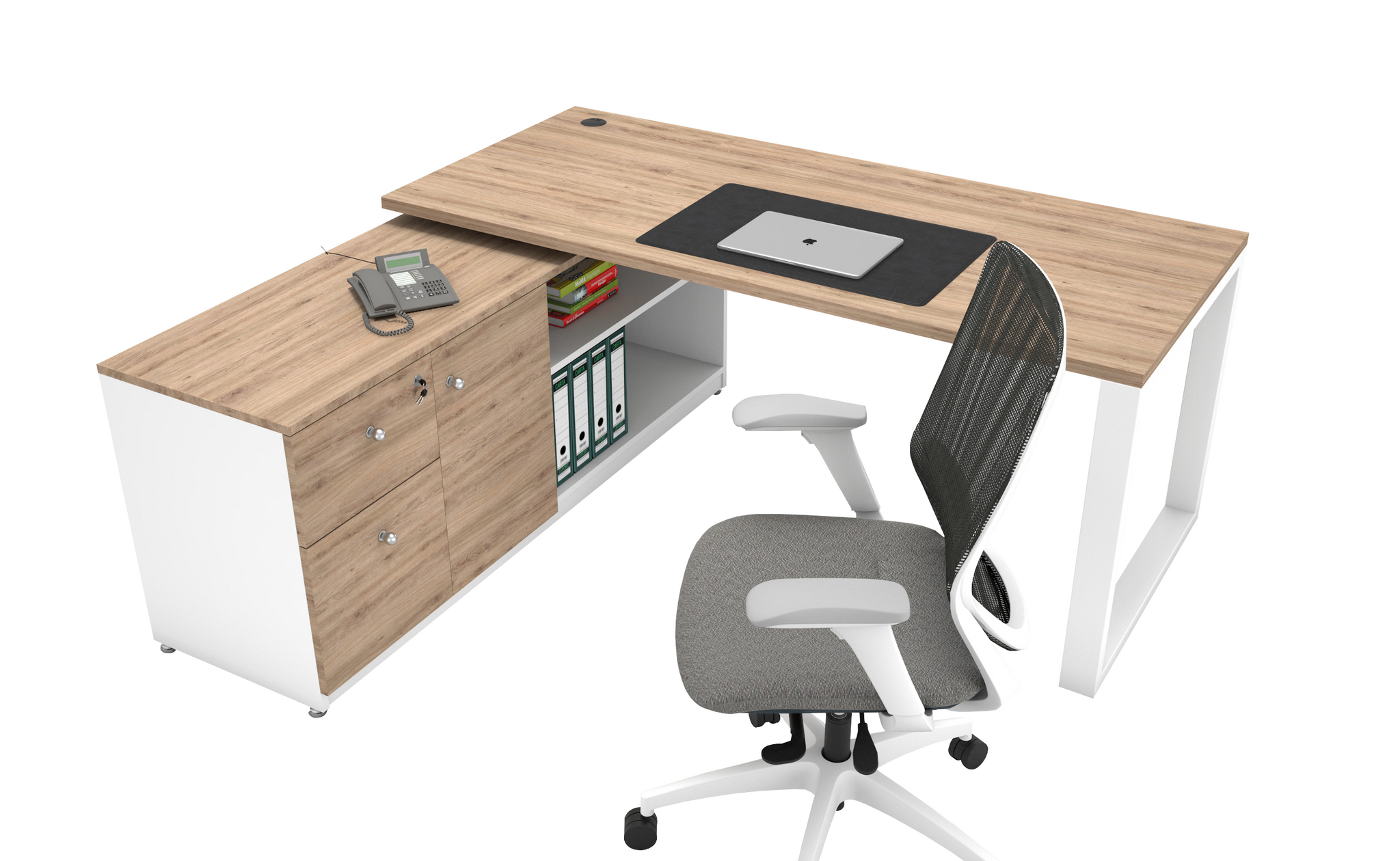 Escritorio Ejecutivo Lith en melamina  con cajonera lateral con base tubular blanco